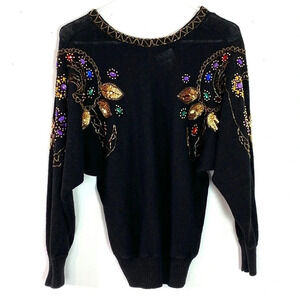 Vintage 80s 90s Sweater Womens Small Black Beaded Dolman Pullover Sweater Gems